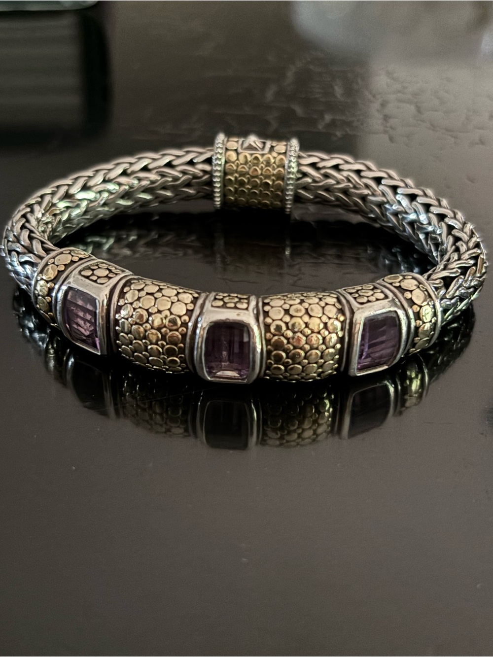 John Hardy Amethyst Dot Station Bracelet Sterling Silver 18K Gold Beaded Accents